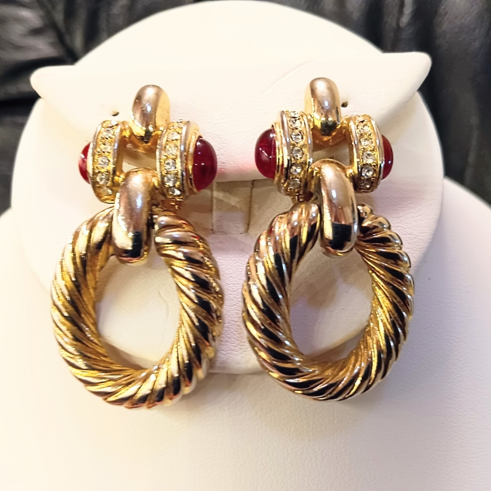Vintage Door Knocker Rhinestone Earrings Clip - Picture 2 of 4
